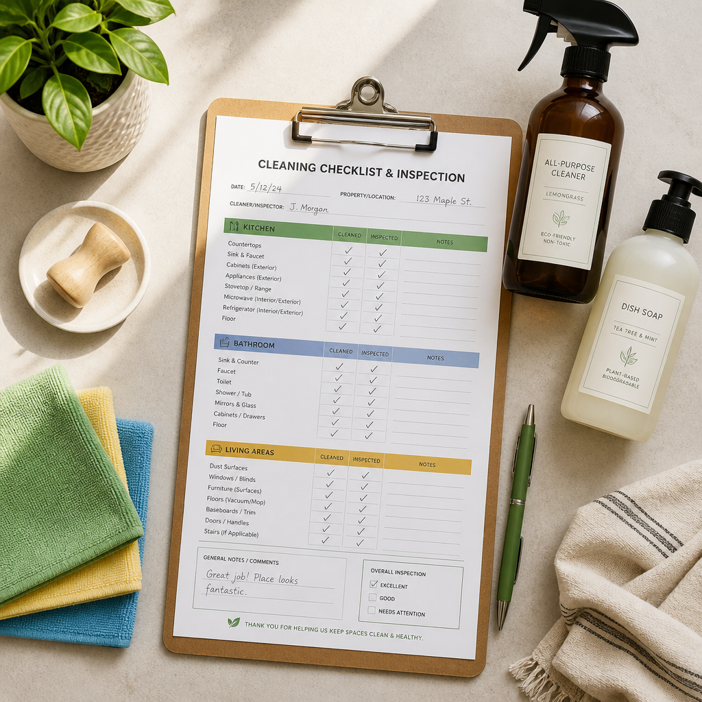 End of lease cleaning checklist and professional cleaning supplies on a workspace