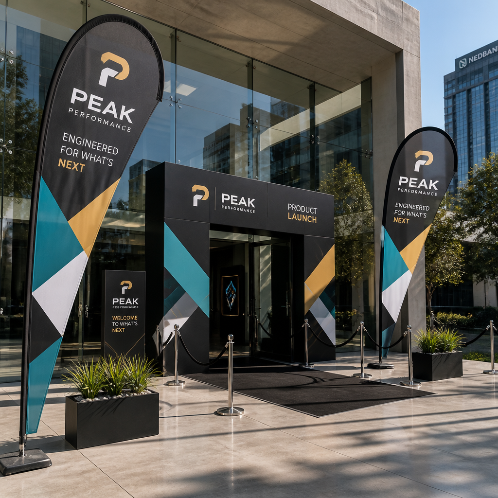 Teardrop banners flanking a premium event entrance in a corporate setting