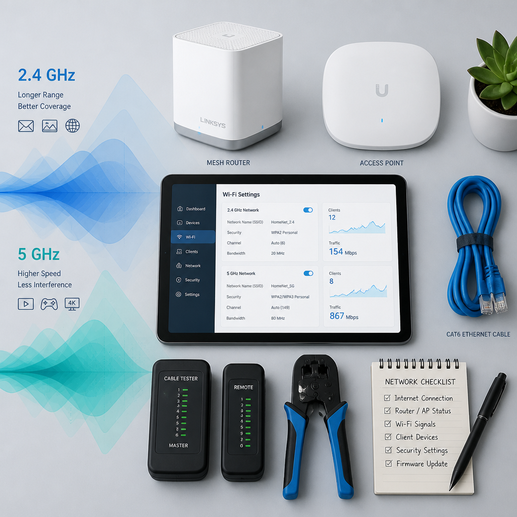 Netværksudstyr og diagnosticerings-tools til Wi-Fi-optimering