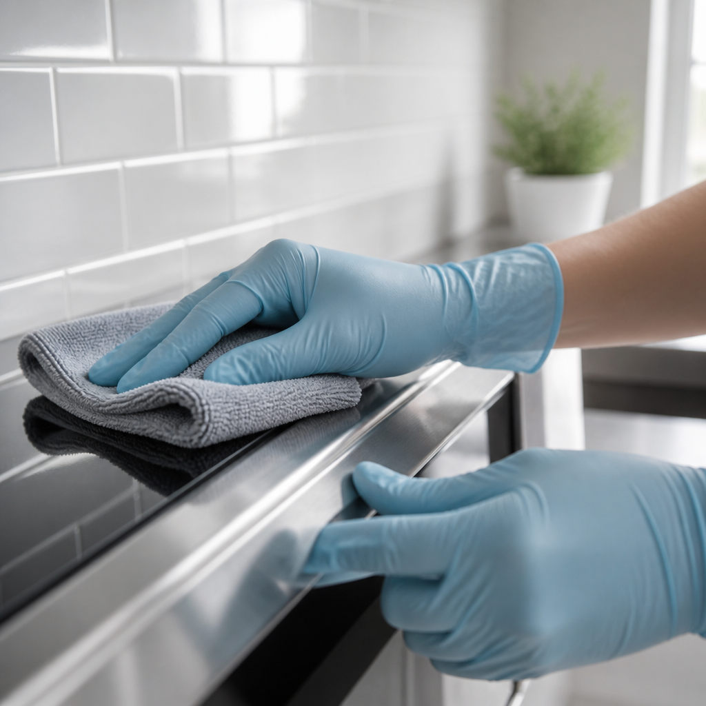 Detailed professional cleaning work on kitchen or bathroom surfaces
