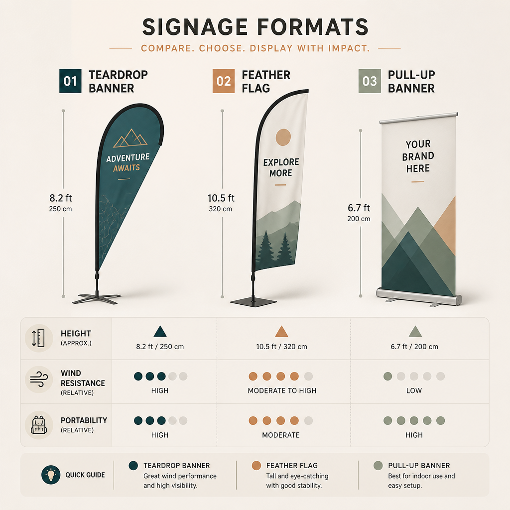 Comparative visual guide of teardrop, feather, and pull-up banner formats