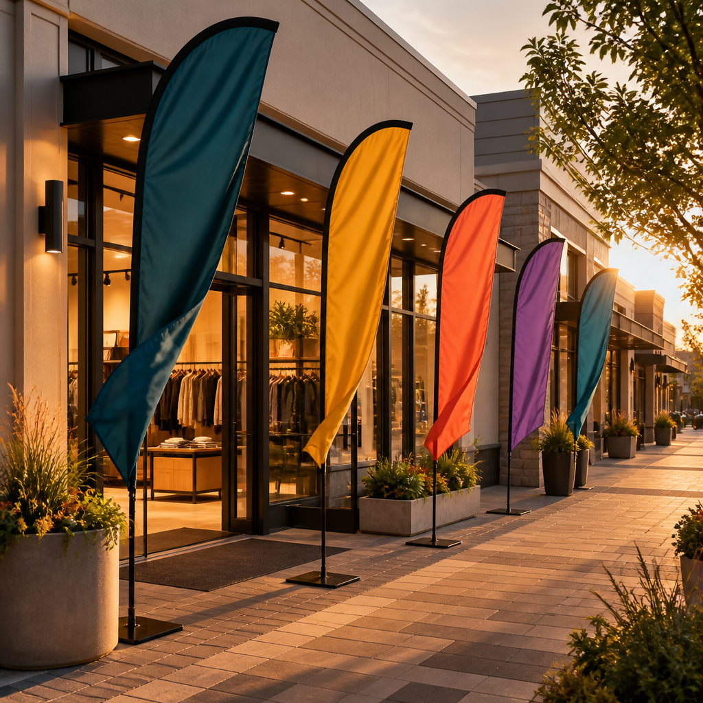 Teardrop banners deployed across a retail storefront in a shopping district