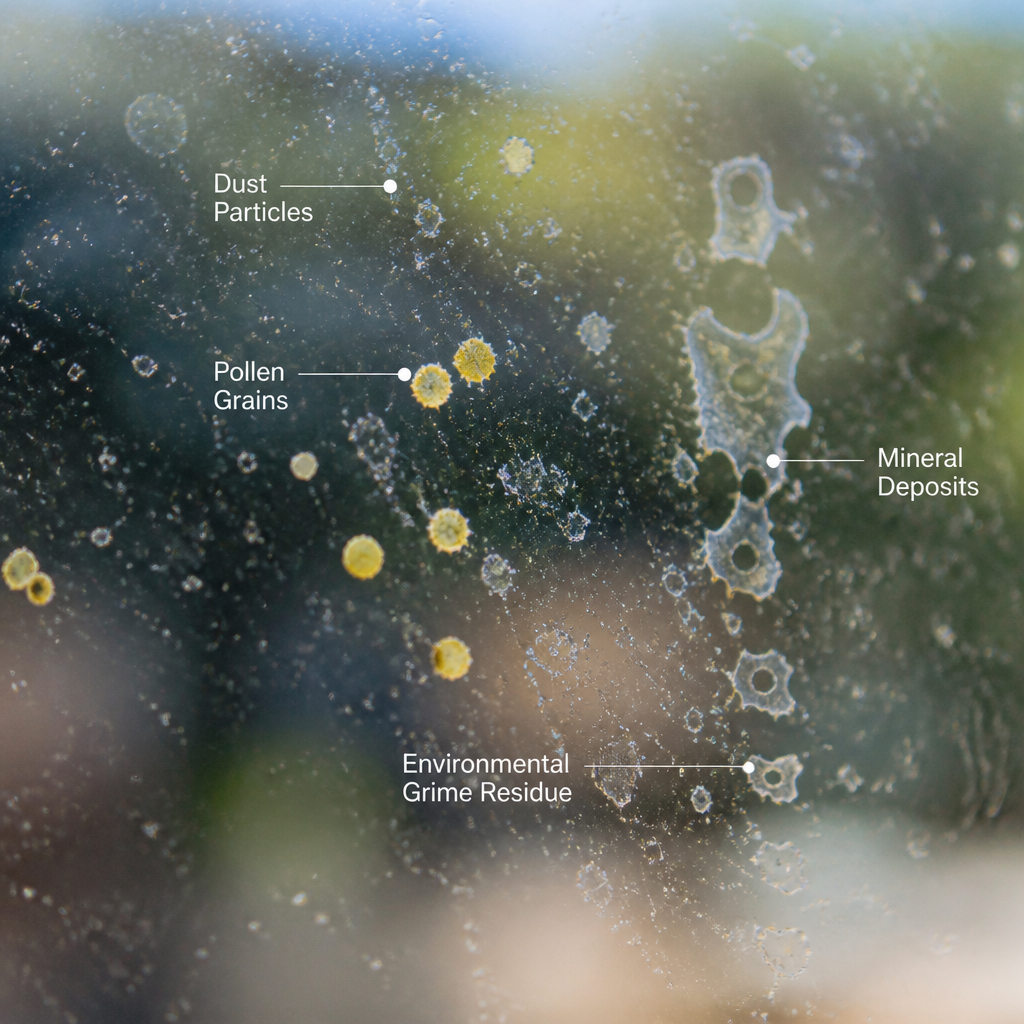 Magnified view of dust, pollen, and grime particles on glass