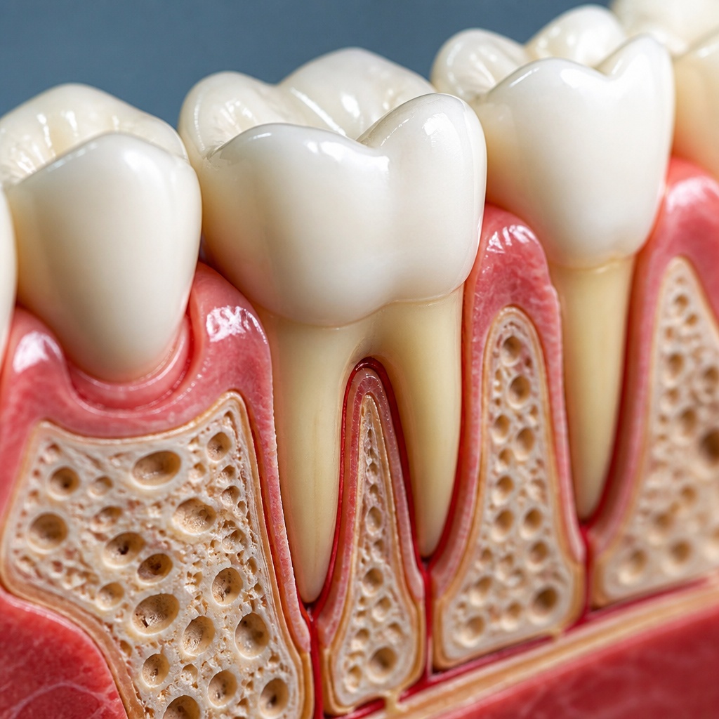Macro photography of dental model showing periodontal tissue structure in clinical detail