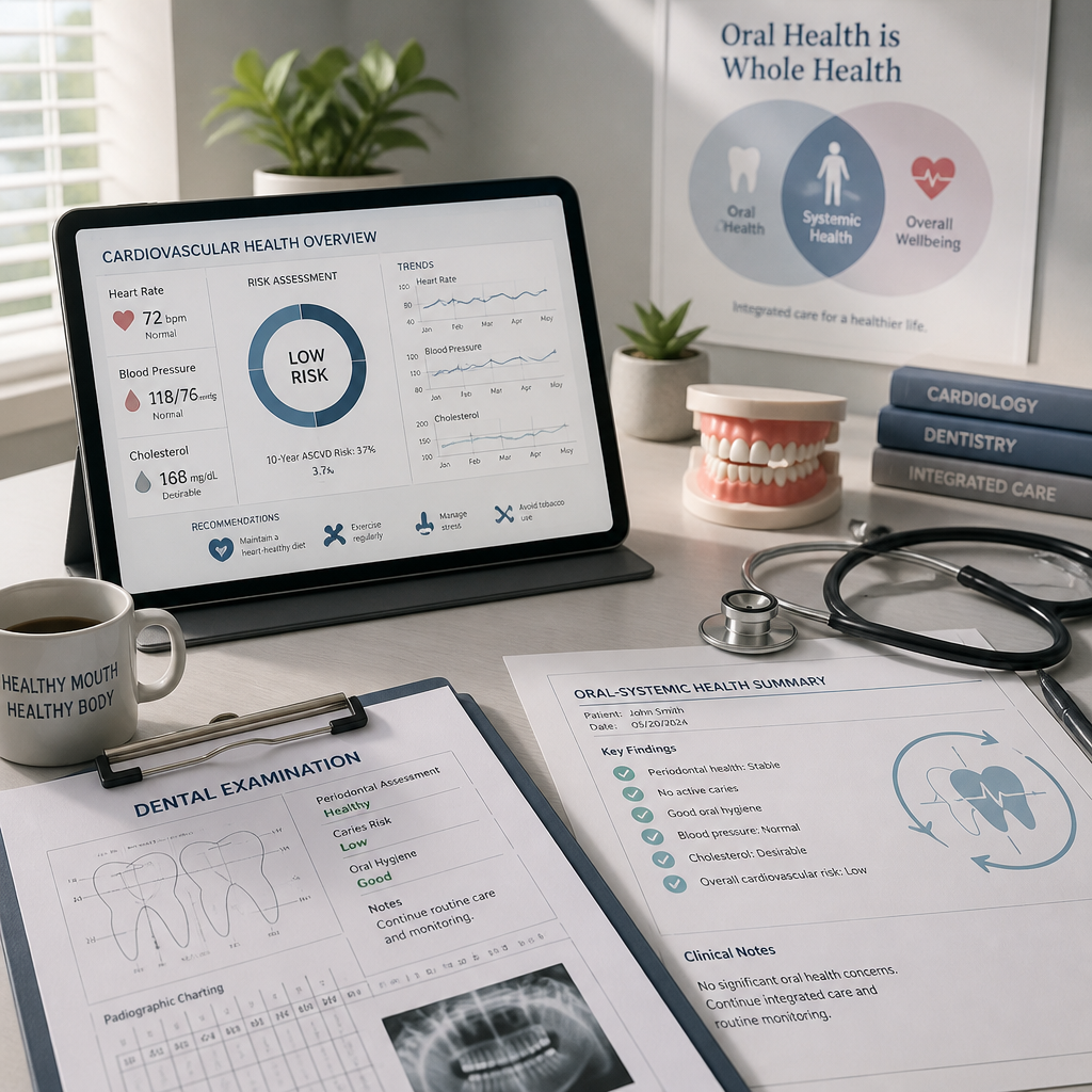 Healthcare professional workspace with dental and cardiac health records and monitoring equipment