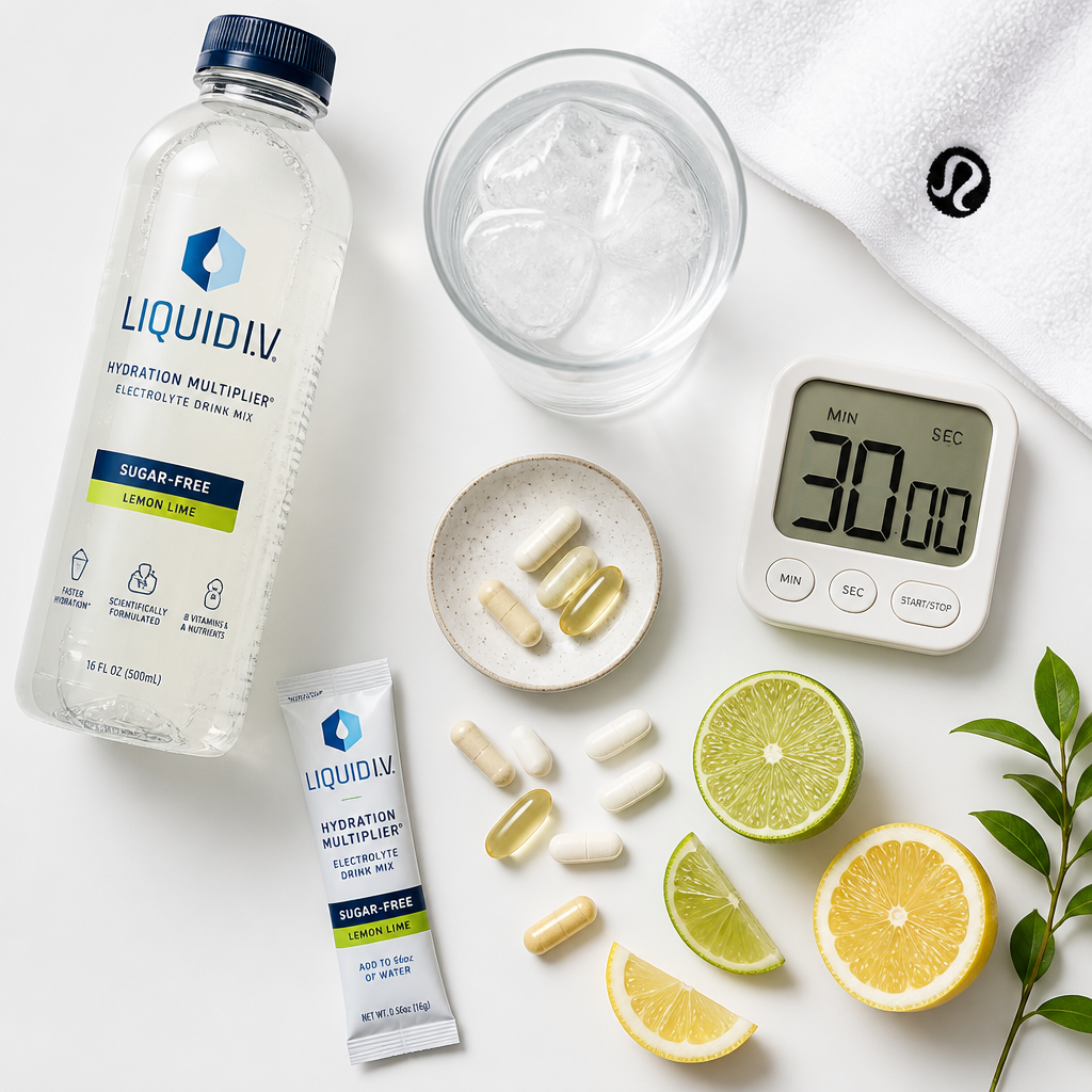 Post-workout recovery essentials including electrolyte drinks, supplements, and a 30-minute timer arranged flat lay