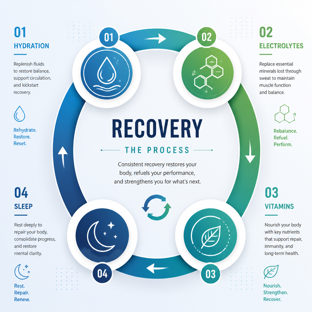 Circular timeline diagram illustrating the four pillars of post-workout recovery process