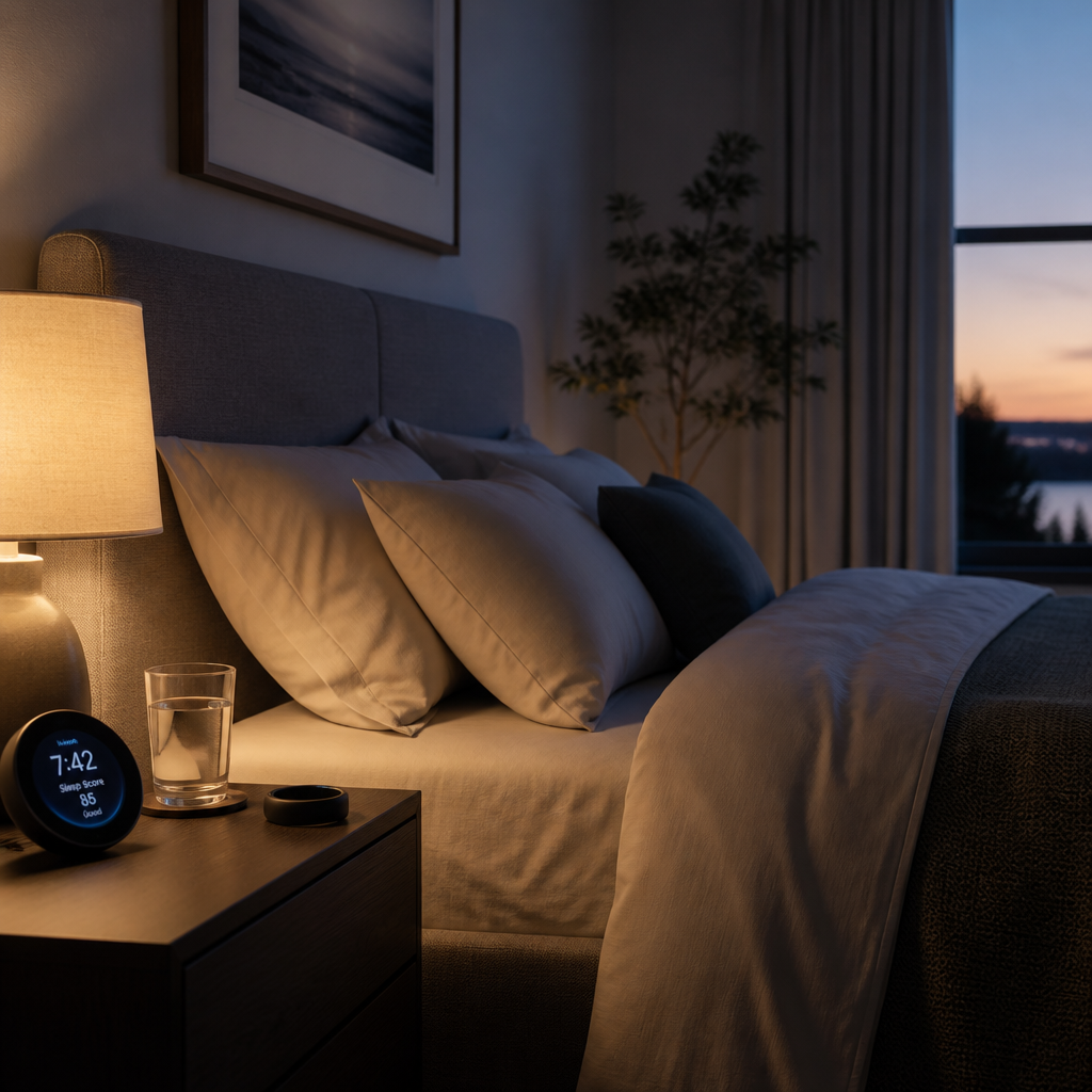 Peaceful bedroom environment optimized for quality sleep and recovery with sleep-tracking technology