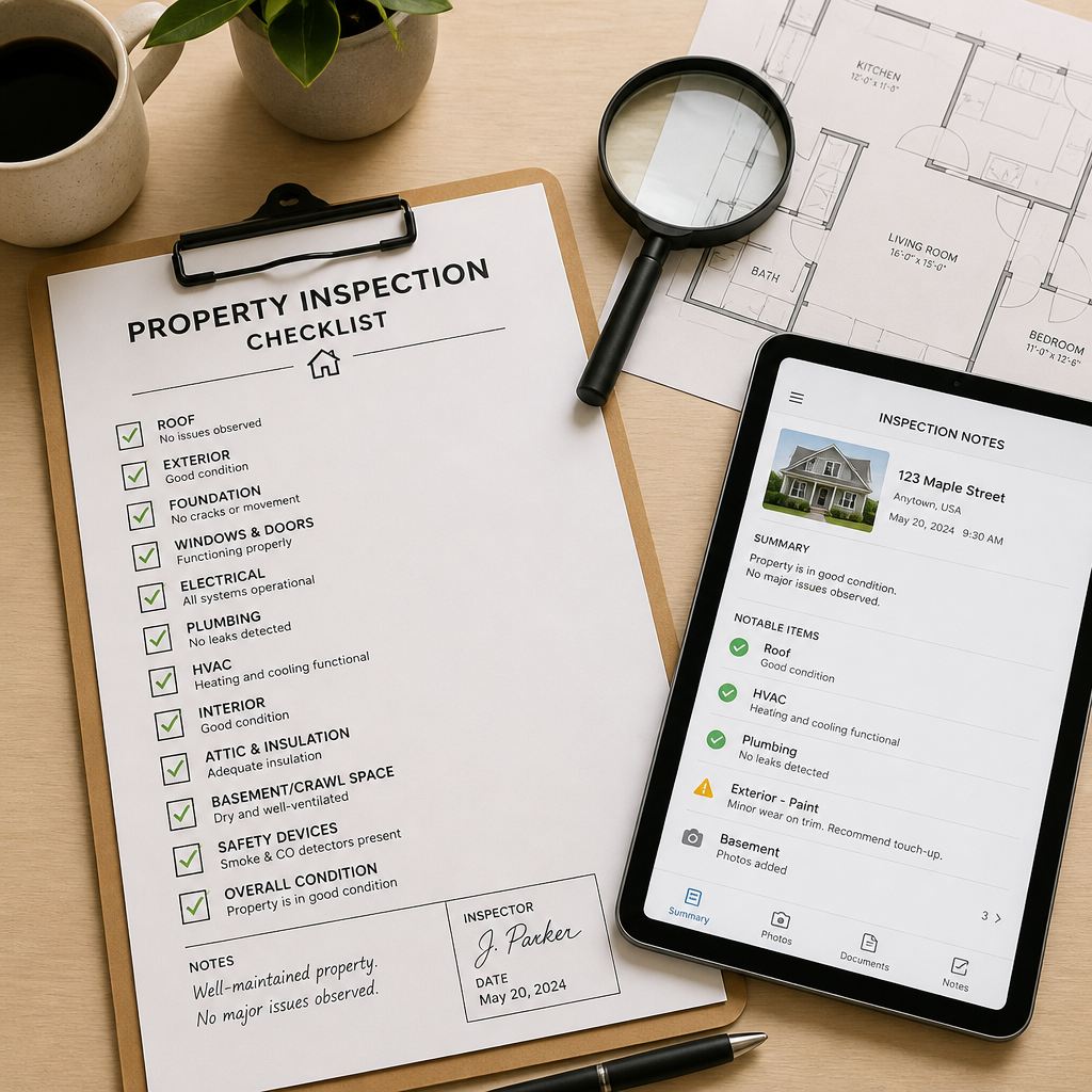 Property inspection checklist and tools on a workspace