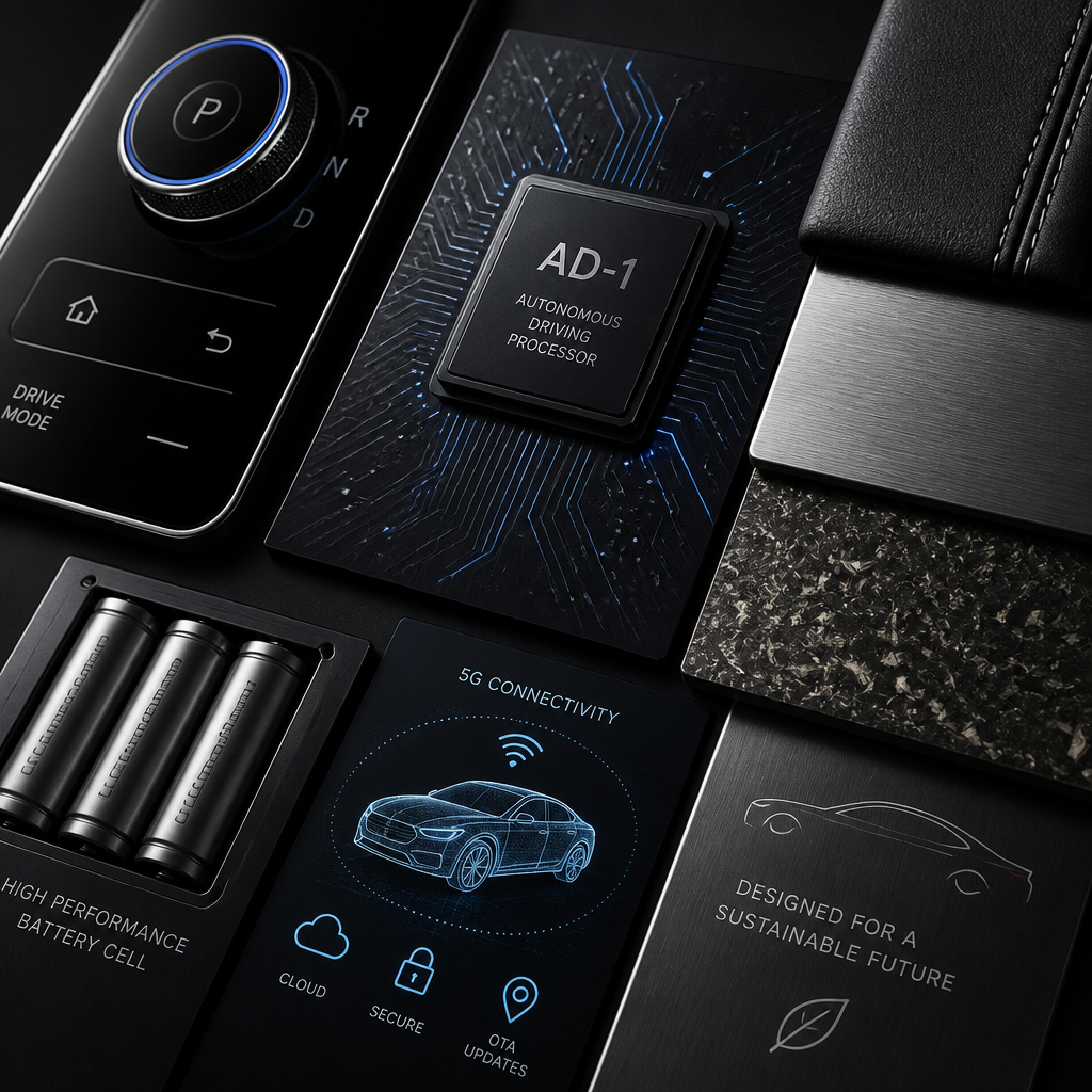 Abstract arrangement of luxury automotive technology components and premium materials representing advanced vehicle systems