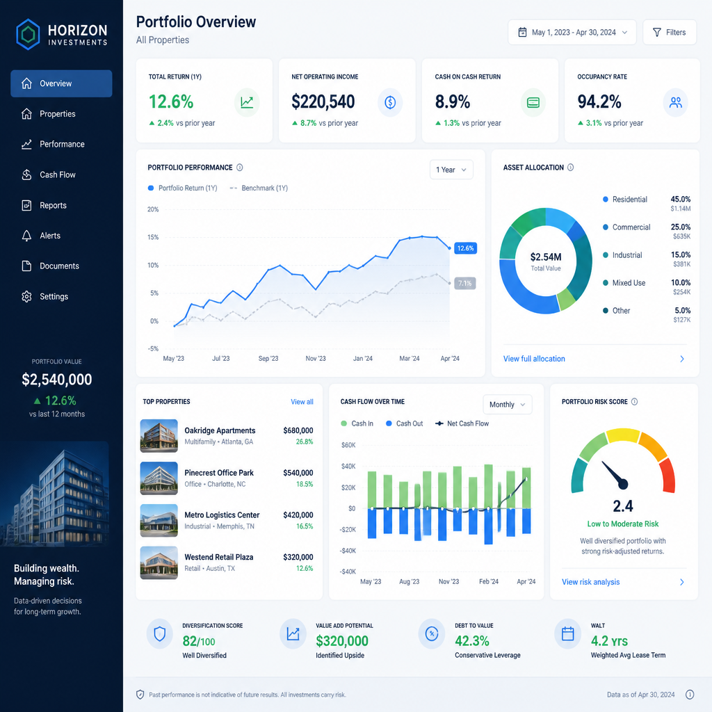 Property investment performance metrics and financial data visualization