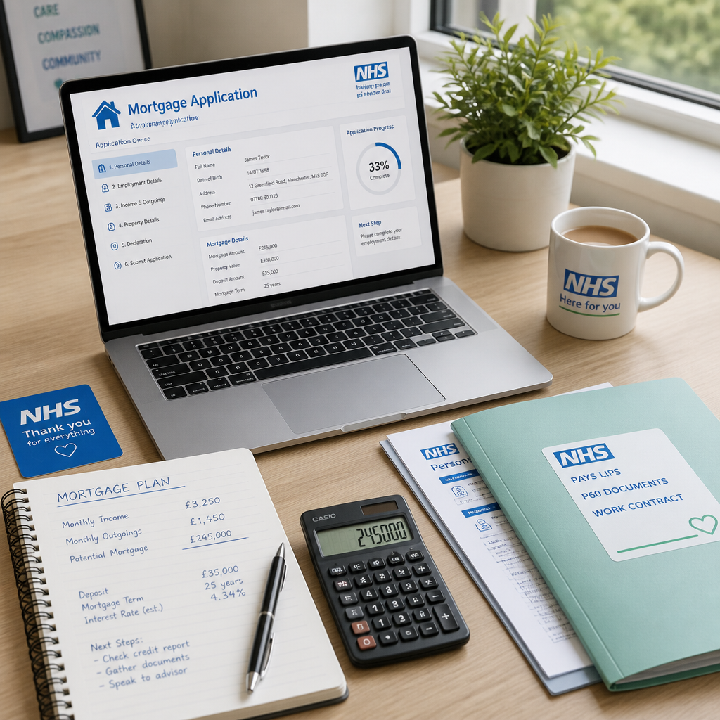 Professional desk setup with mortgage application documents and healthcare industry materials