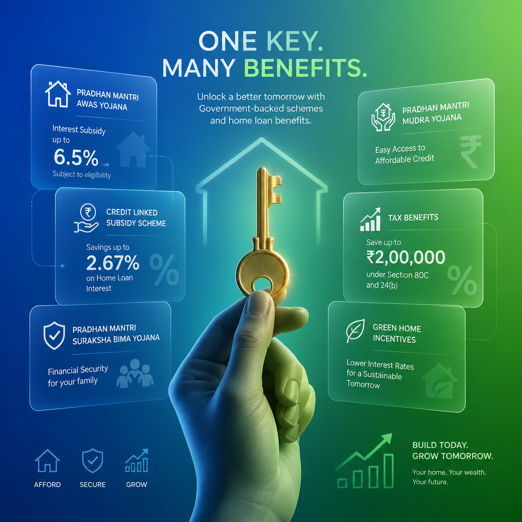 Symbolic illustration of a key surrounded by benefit cards representing NHS mortgage schemes