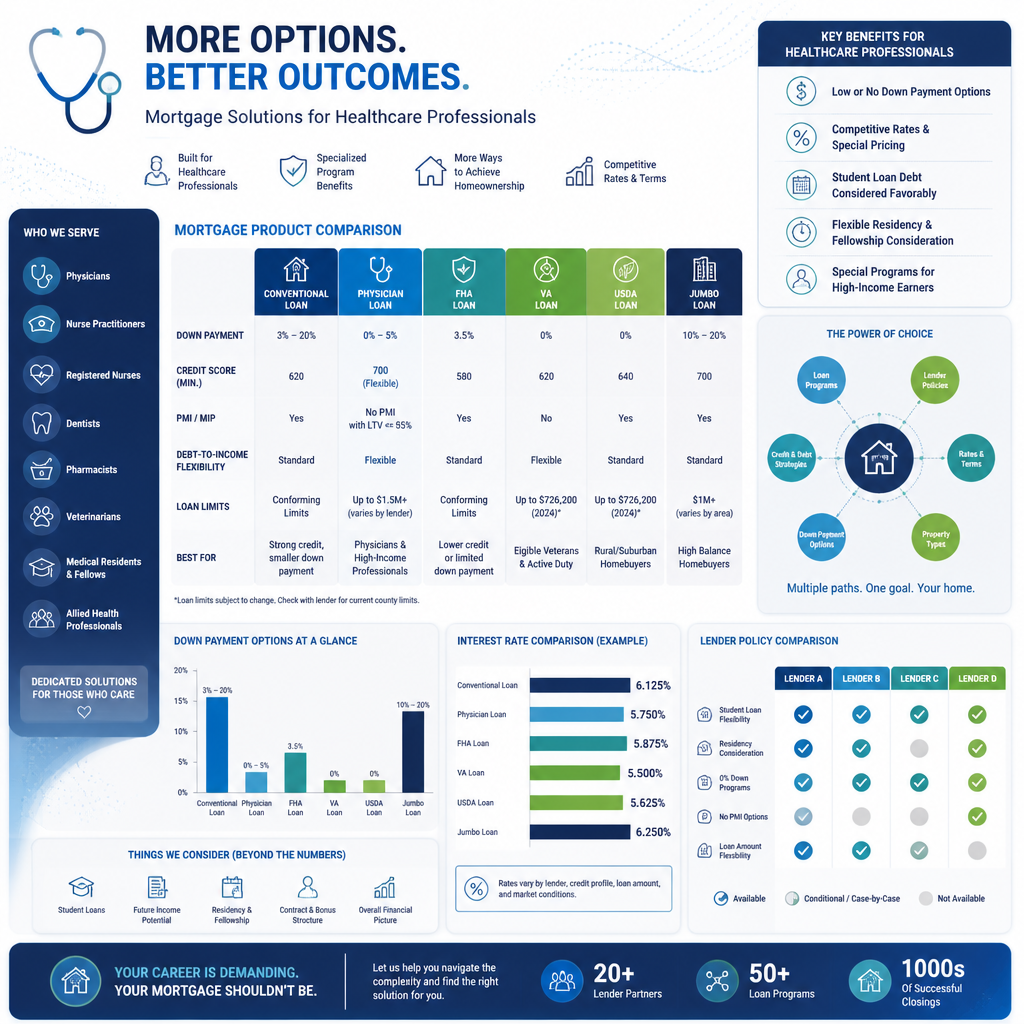 Data visualization showing mortgage product comparisons and lender policy options for healthcare workers