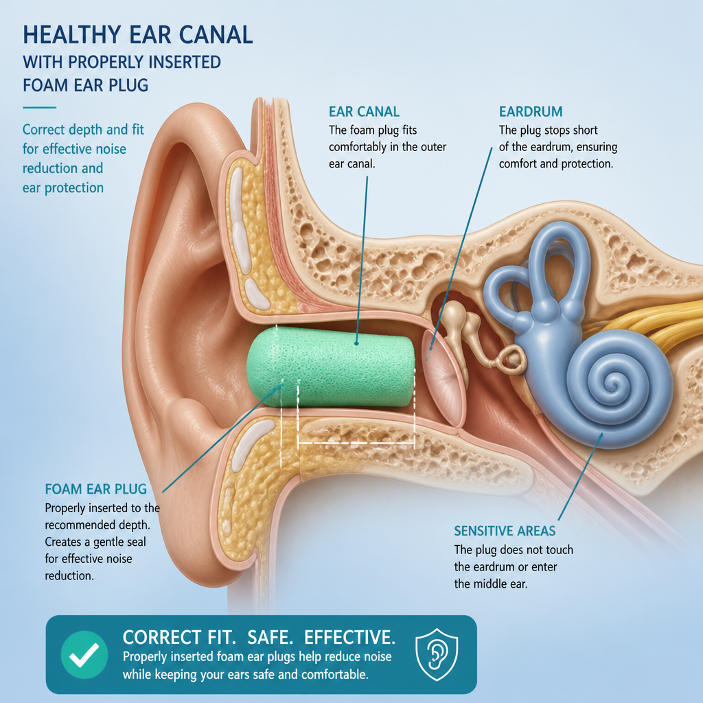 Anatomical diagram of ear canal showing correct ear plug insertion depth