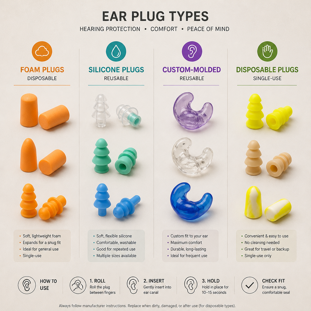 Collection of different ear plug types displayed for comparison