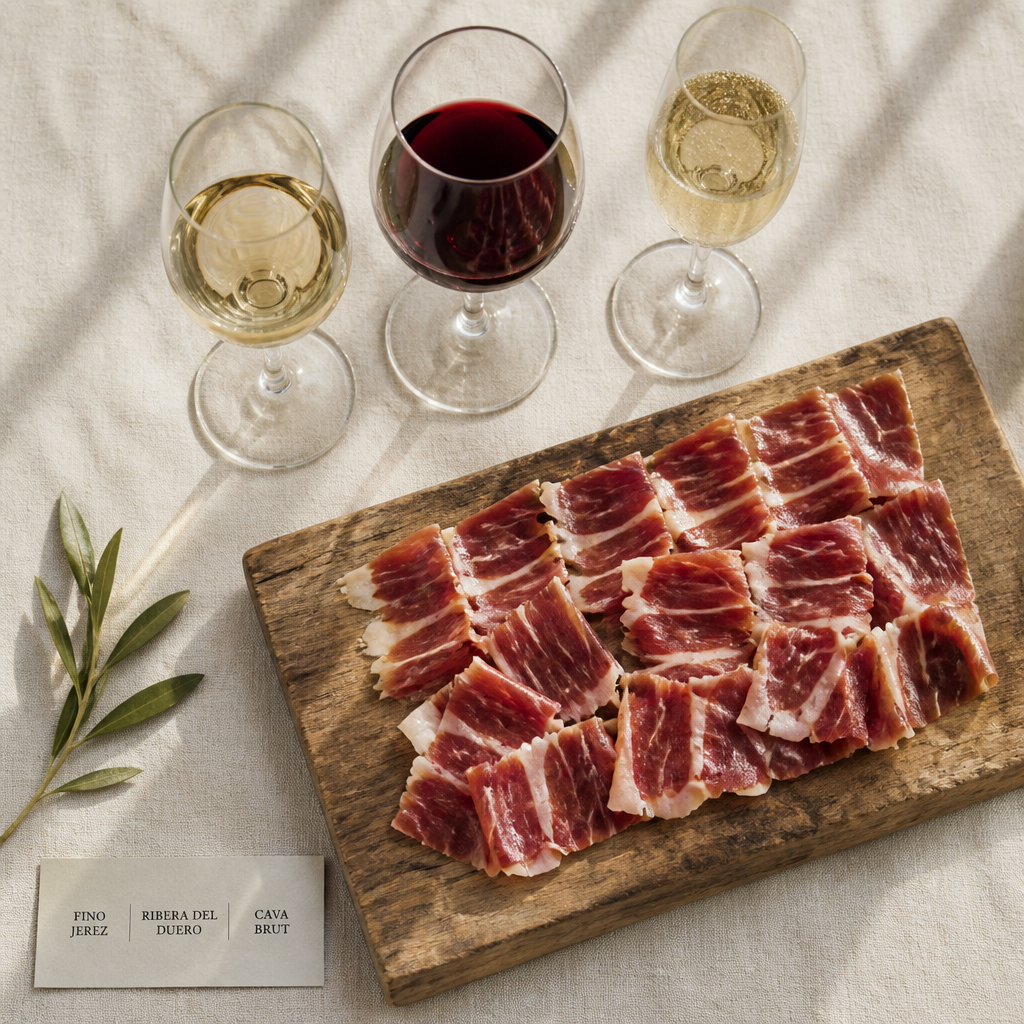 Jamón ibérico y vinos españoles en tabla de madera rústica para maridaje