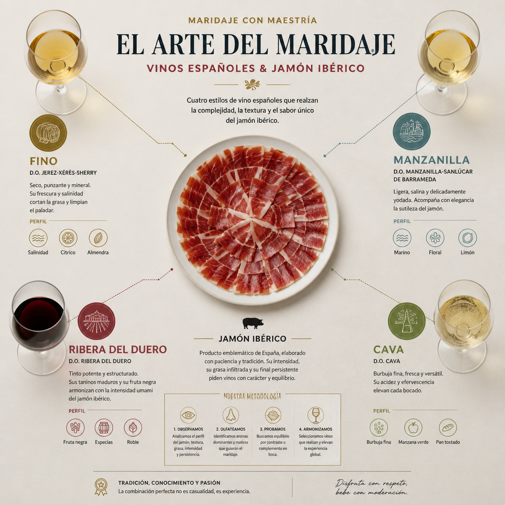 Infografía de maridaje entre jamón ibérico y vinos españoles
