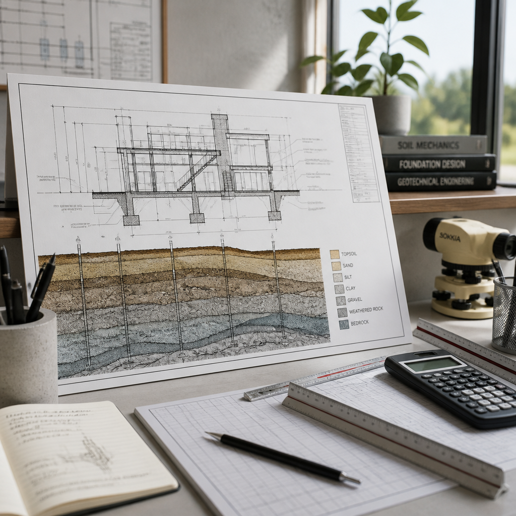 Étude géotechnique : plans d'architecture et diagramme stratigraphique du sol sur un bureau de travail moderne