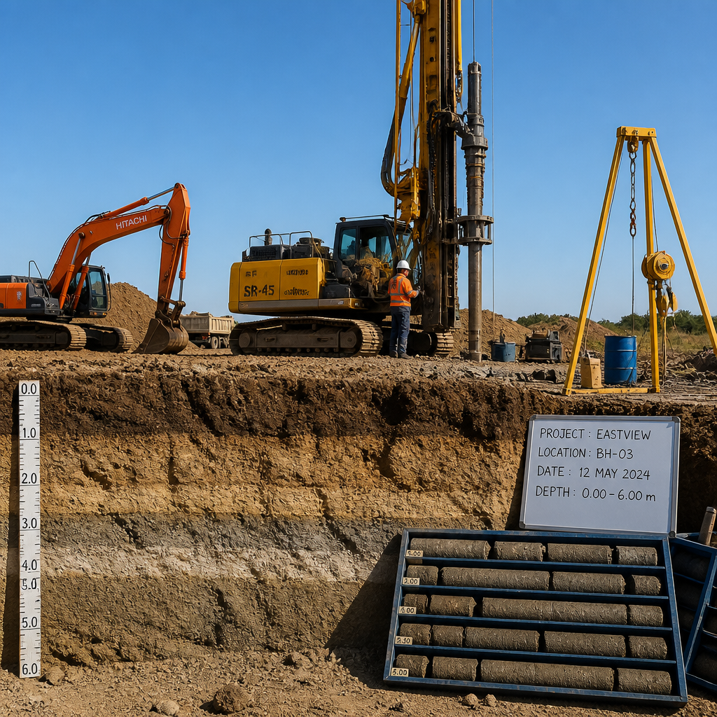 Chantier de construction avec équipement de forage géotechnique et investigation du sol