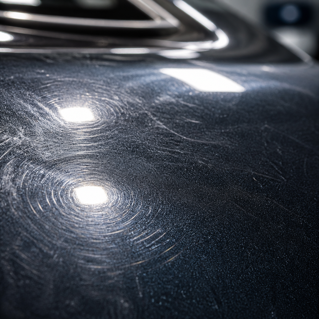 Close-up of car paint surface under LED inspection light showing swirl marks and micro-scratches