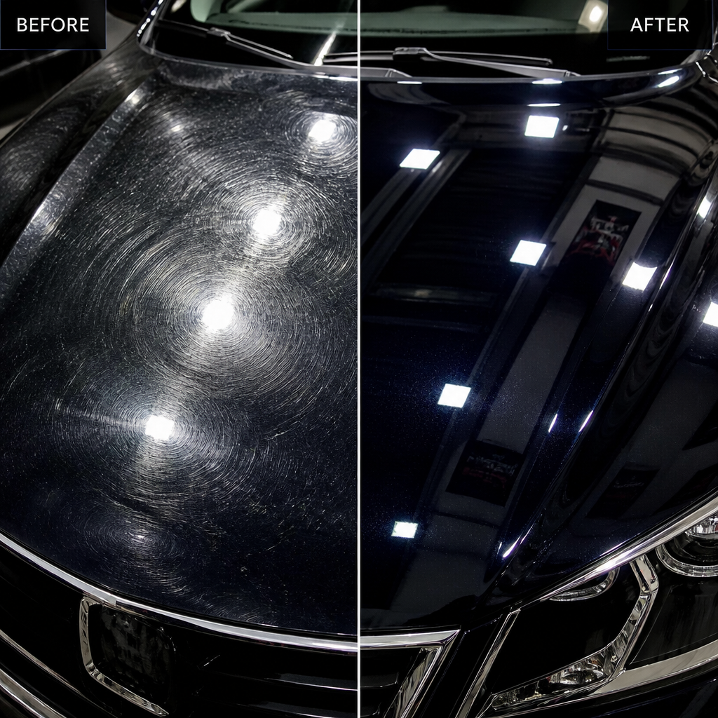 Before and after paint correction comparison showing swirled paint transformed to glossy finish