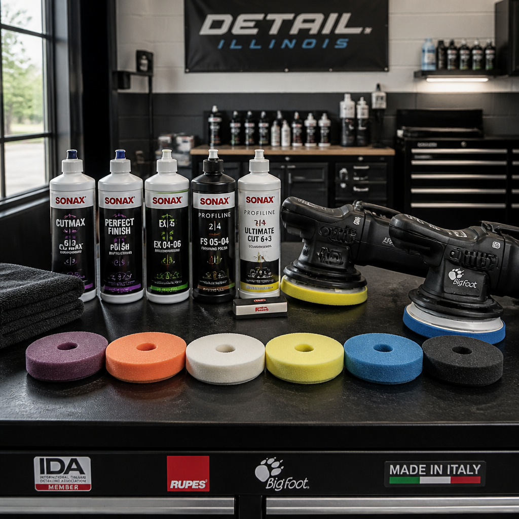 Paint correction tools and compounds arranged on a professional detailing workbench