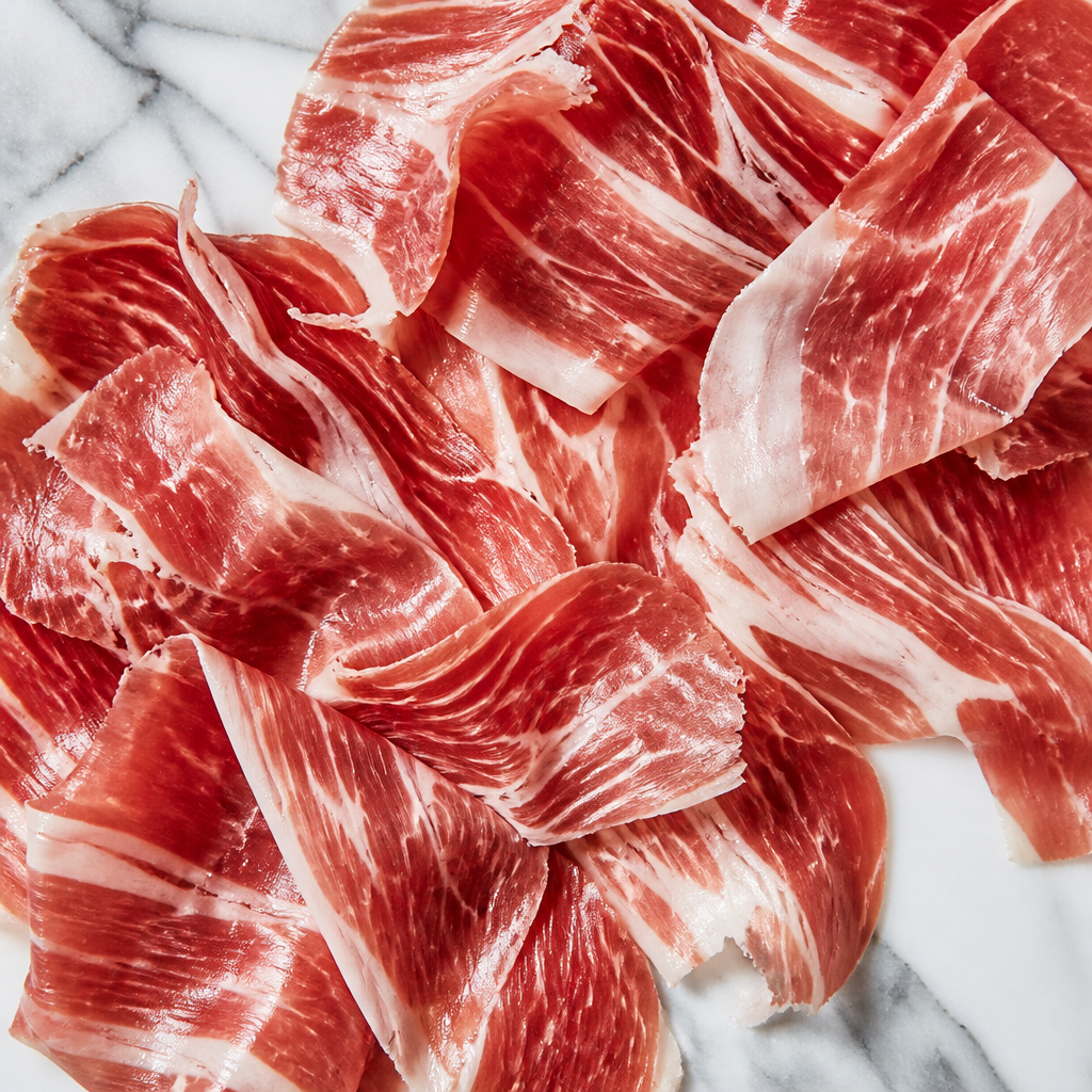 Sliced jamón ibérico displaying marbling on marble surface in natural light