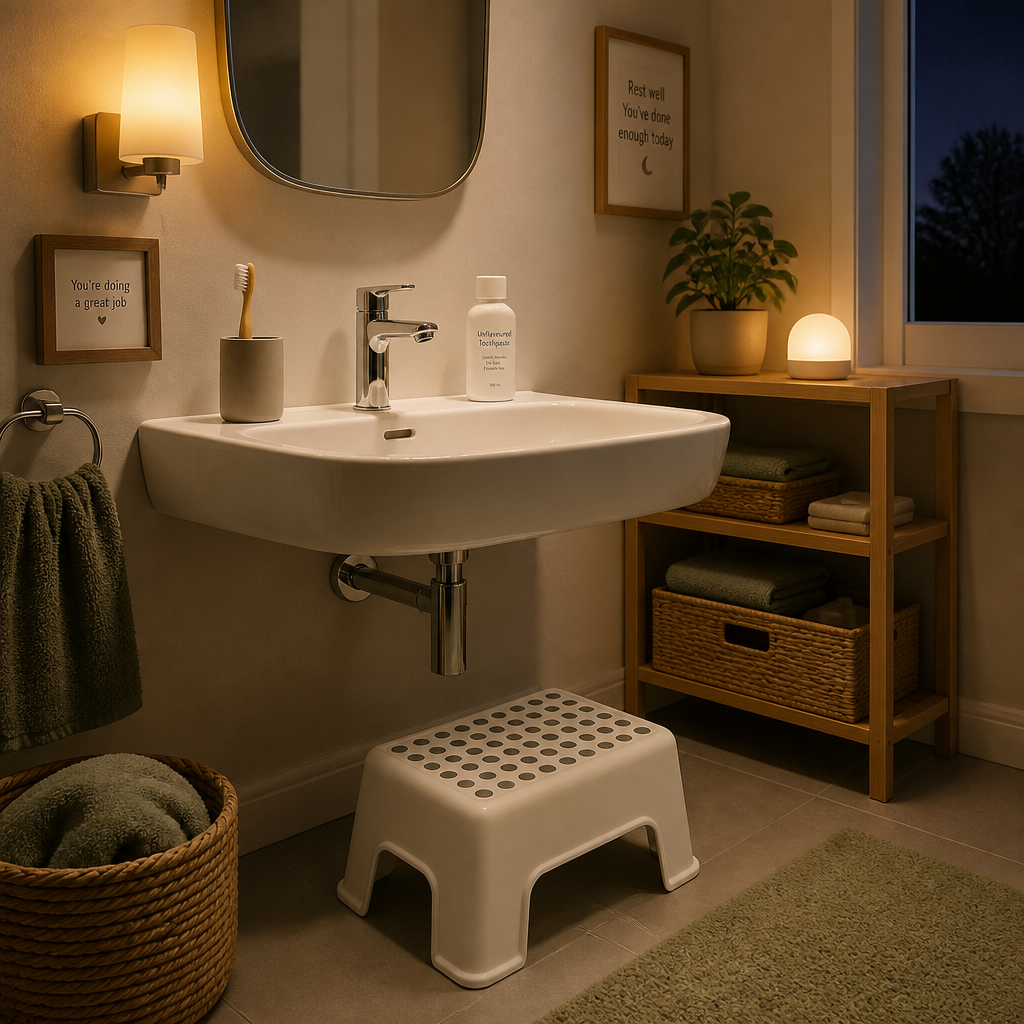 Calm, accessible bathroom setup with gentle toothbrush and unflavoured toothpaste in warm lighting