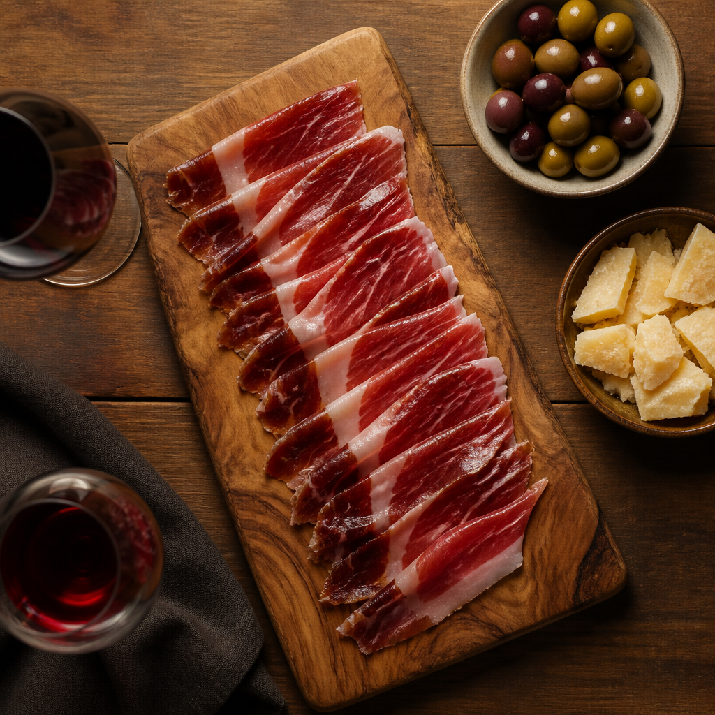Gourmet spread of jamón ibérico with accompaniments on wooden board