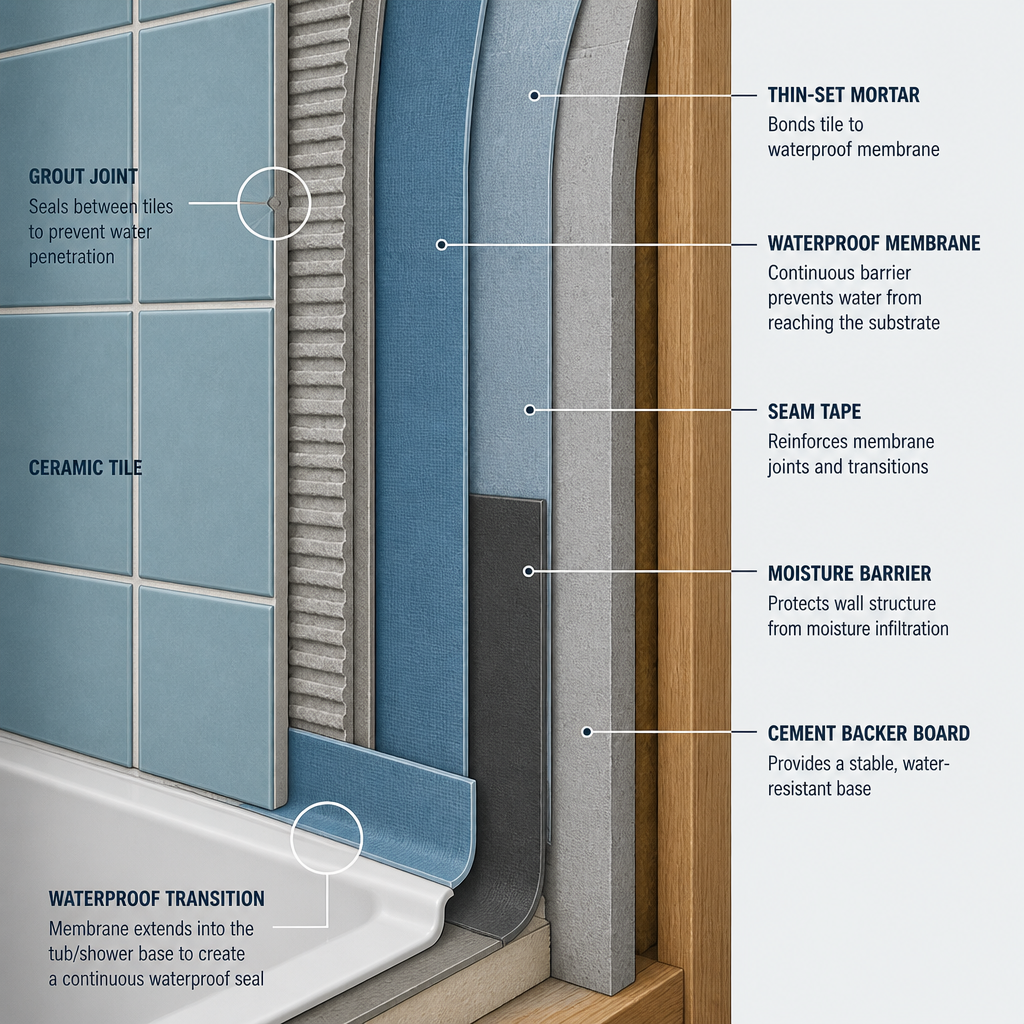 Cross-section diagram showing waterproofing membrane layers and moisture barriers in bathroom construction