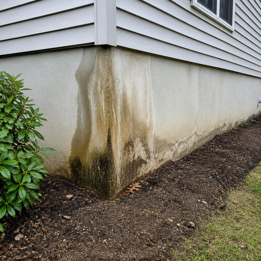 Foundation and basement wall showing water damage and moisture staining