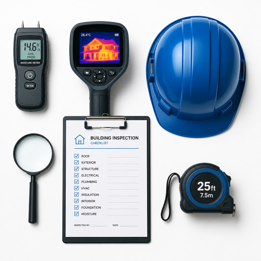 Flat-lay arrangement of professional building inspection tools and documentation materials