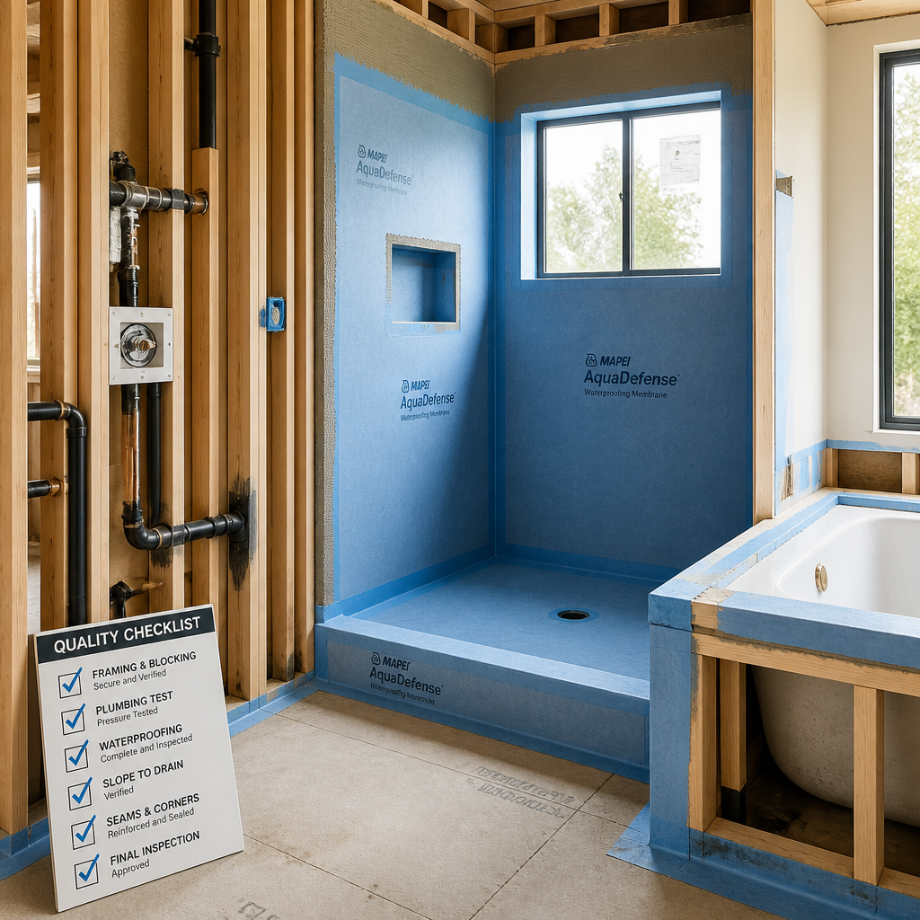 Construction-phase bathroom showing structural preparation and waterproofing implementation details