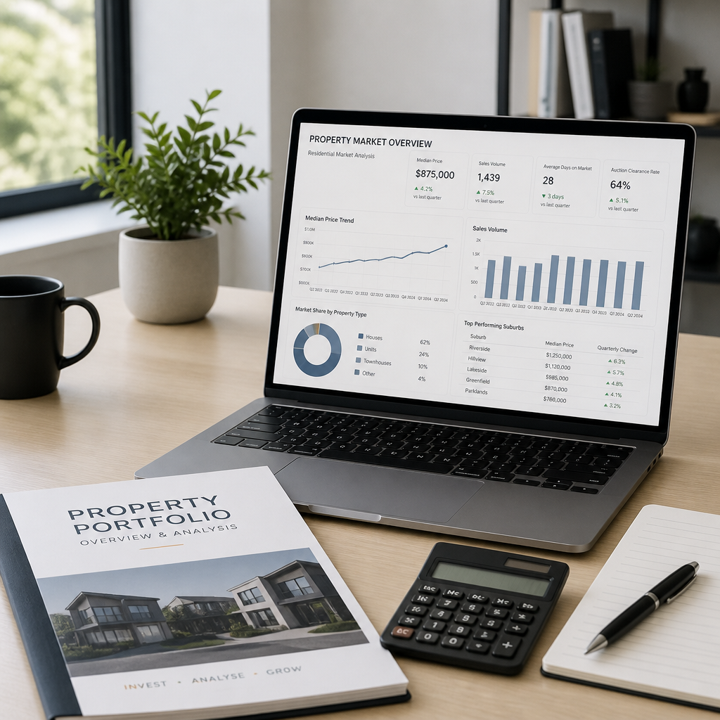 Professional landlord workspace with property investment analysis and documentation
