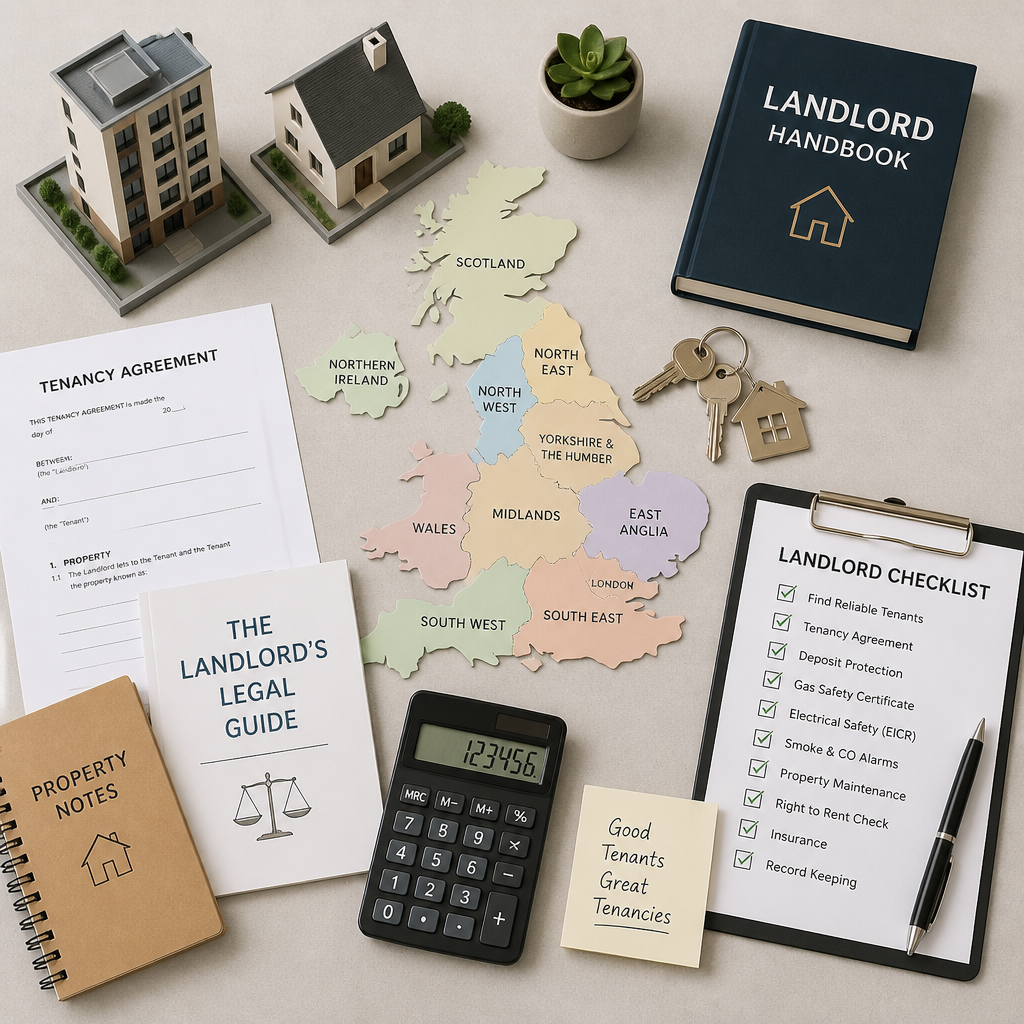Curated landlord guide essentials including legal documents, keys, and property investment tools