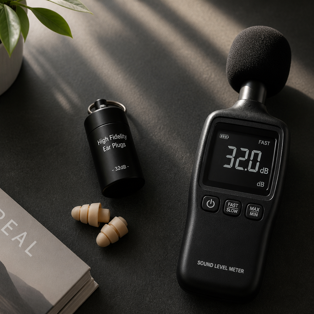 Foam ear plugs and decibel meter displaying 32dB noise reduction measurement