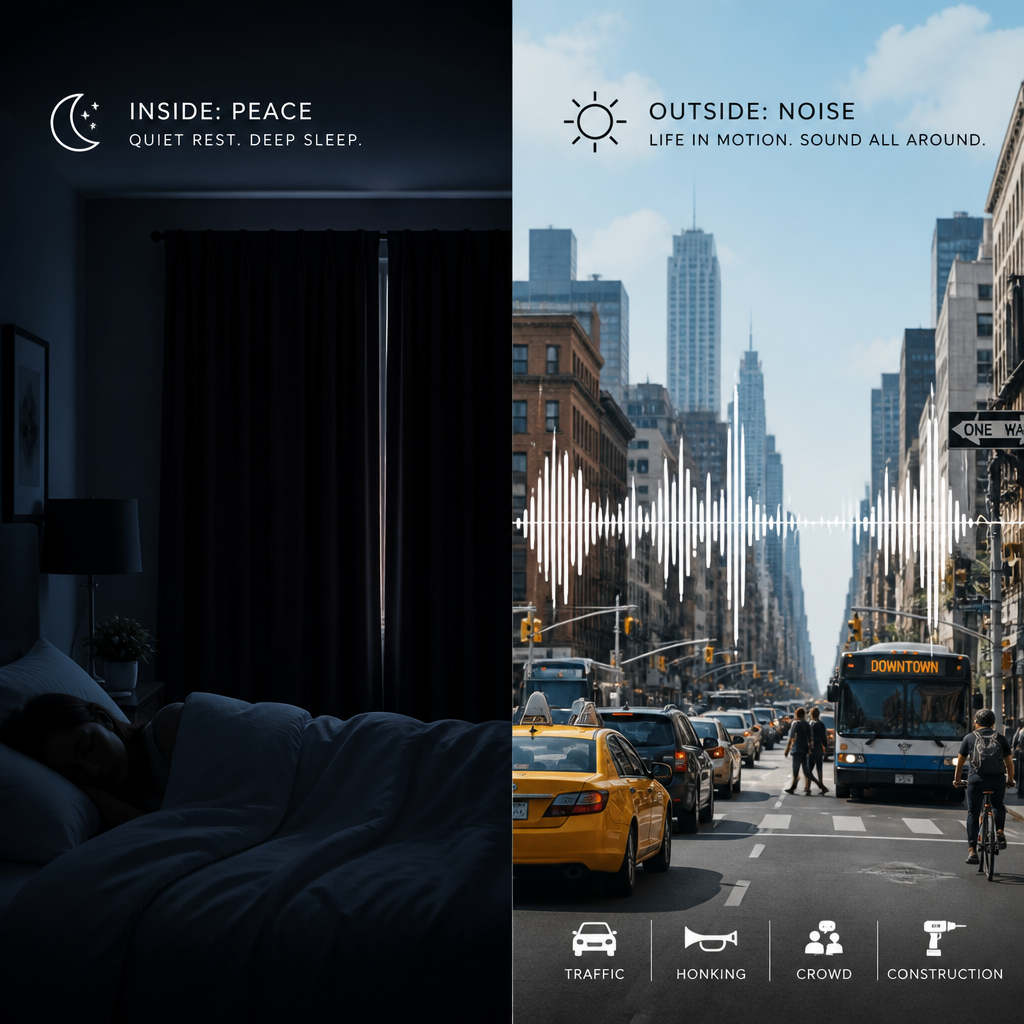 Contrasting split-screen of quiet dark bedroom versus busy daytime city street with sound waves