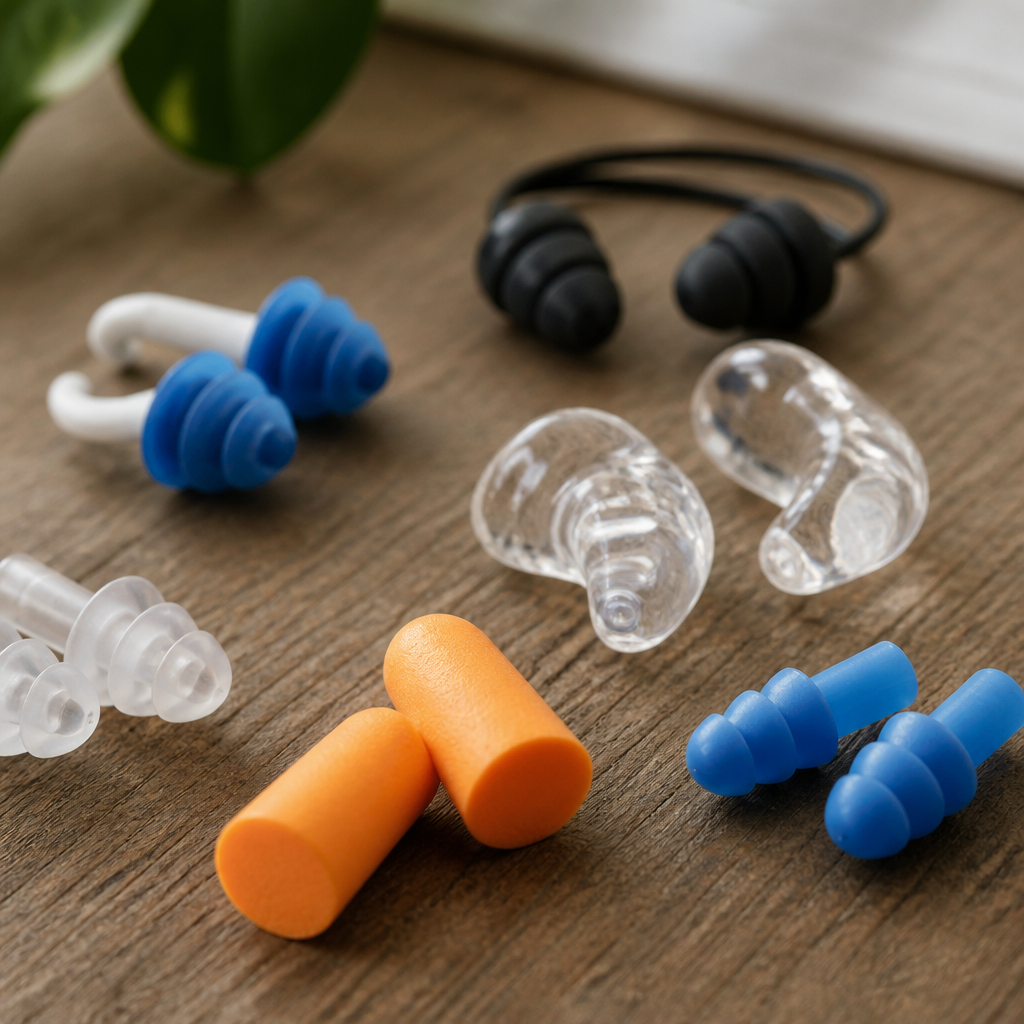 Various types of ear plugs displayed including foam, silicone, and reusable options in macro detail