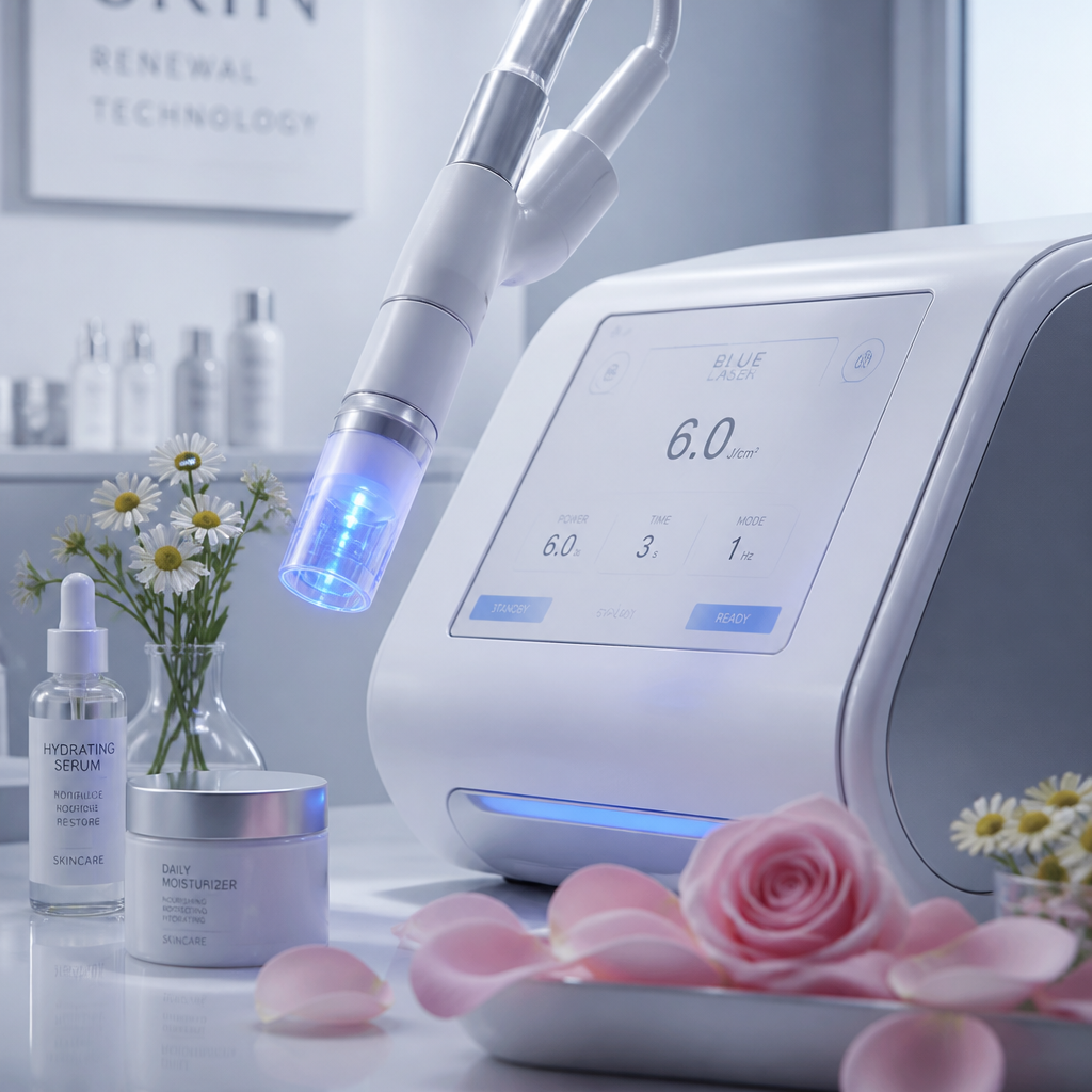 Professional laser hair removal device with botanical skincare elements in a clinical workspace