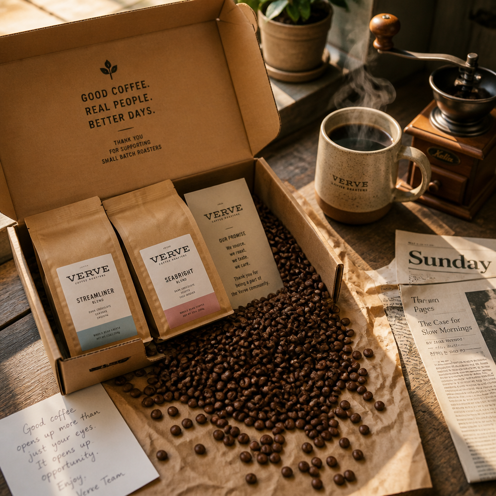 Fresh coffee subscription delivery box with roasted beans and morning coffee setup