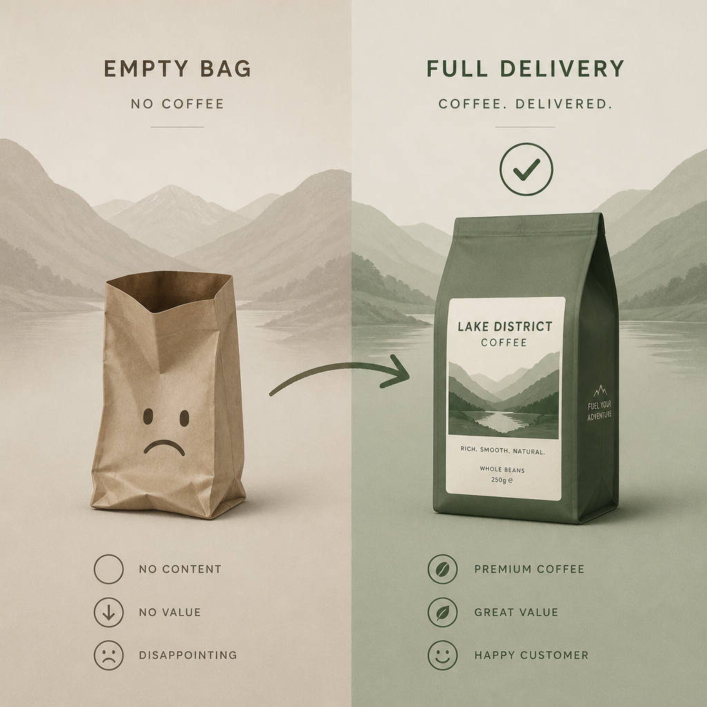 Visual comparison of empty coffee bag versus full subscription delivery