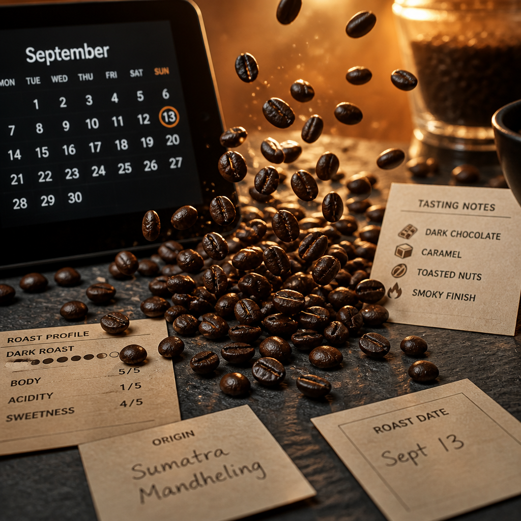 Roasted coffee beans with calendar reminder and tasting notes