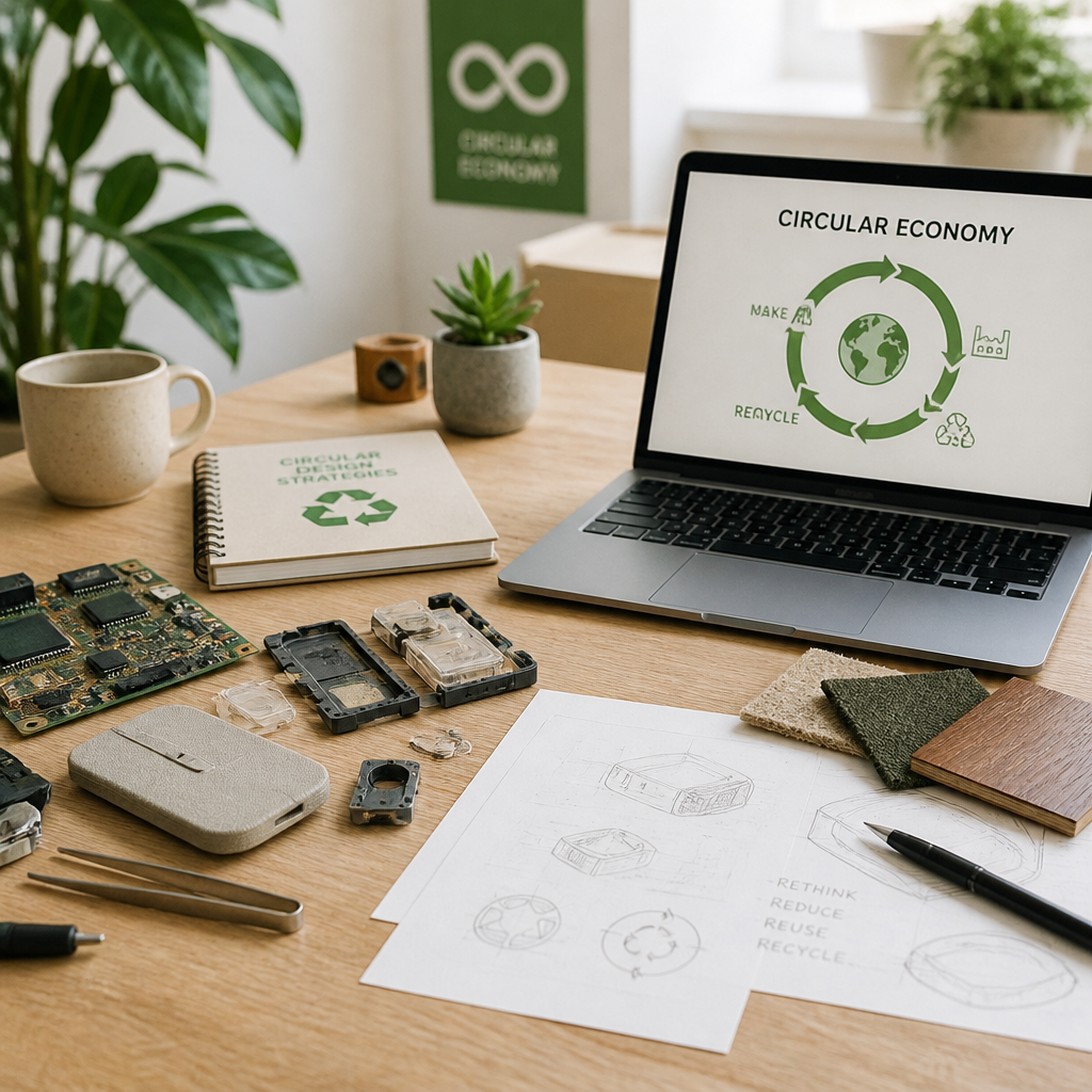 Bæredygtig IT-arbejdsplads med cirkulær økonomi-symboler