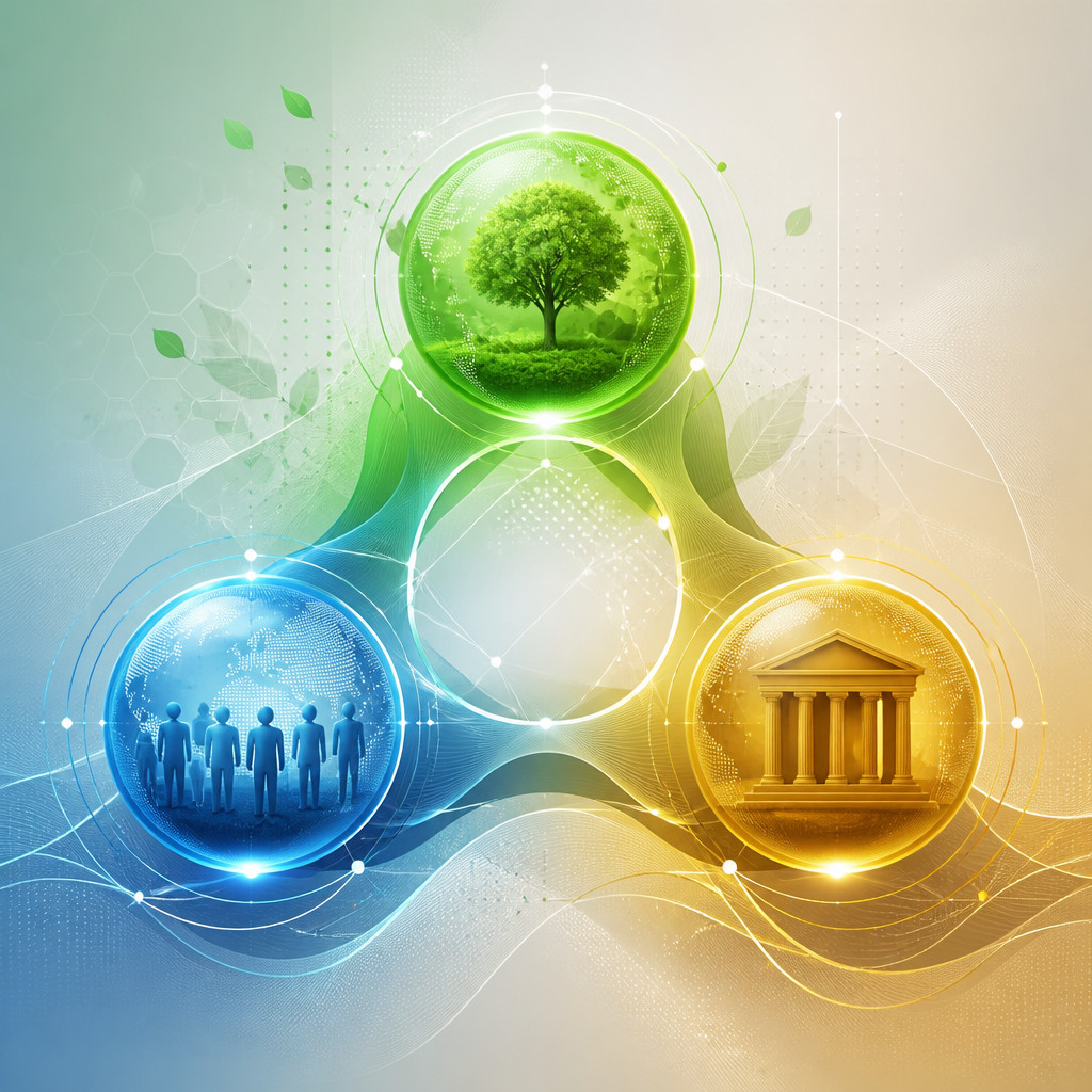 ESG-pillarernes tre dimensioner visualiseret som forbundne datanoder