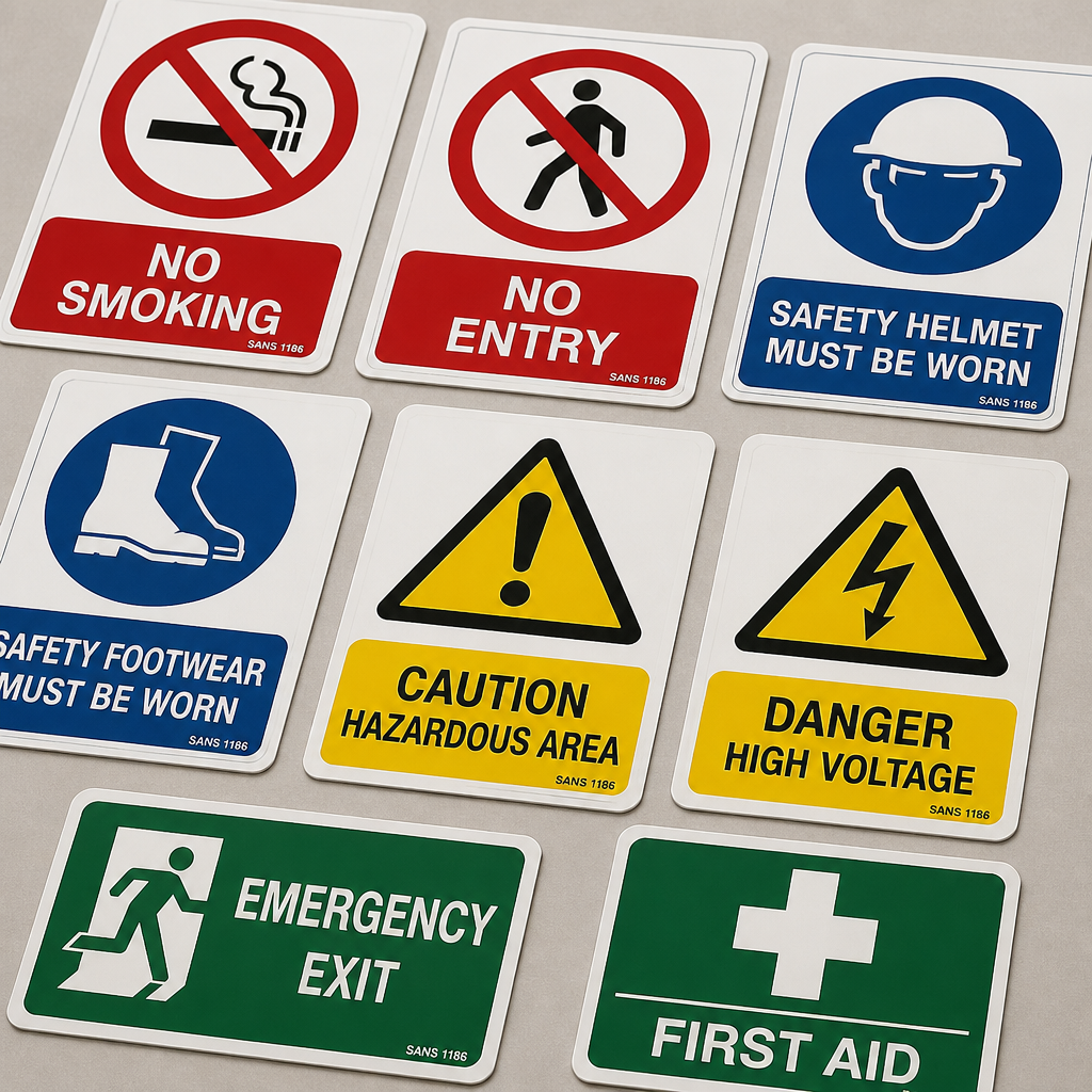 SANS 1186 approved safety signs displaying various categories in standard colours