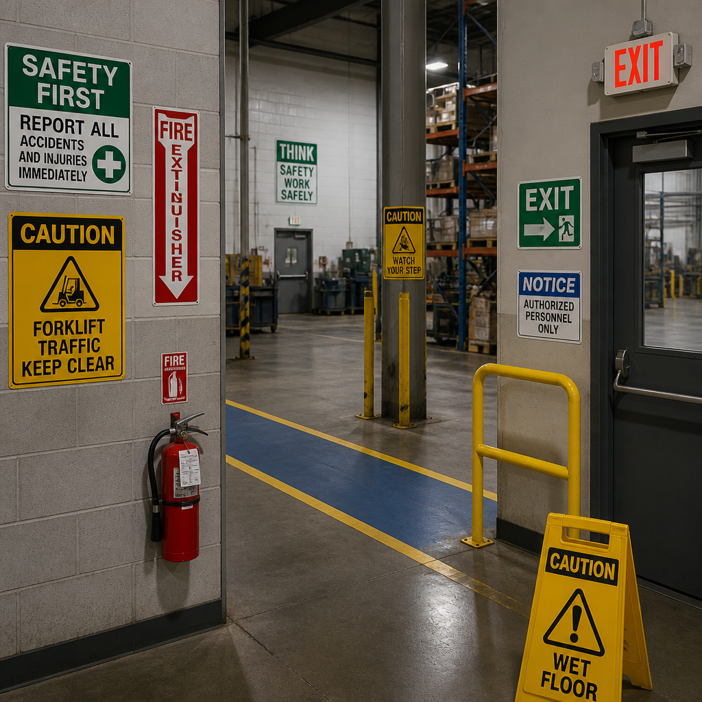 Safety signs properly positioned throughout a commercial warehouse workspace
