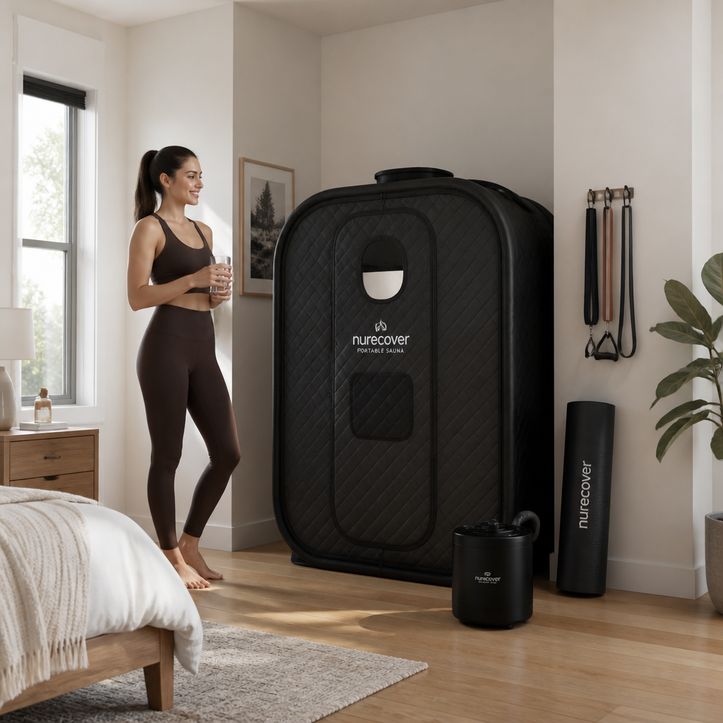 Moderne mobile Sauna in einem minimalistischen Zimmer mit natürlichem Licht