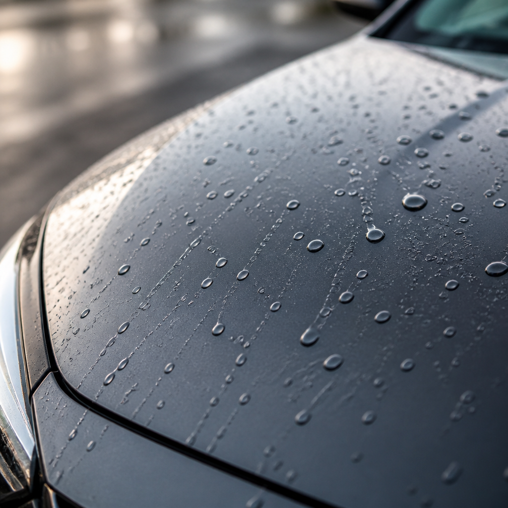 Water beads on protected car paint demonstrating hydrophobic ceramic coating effect
