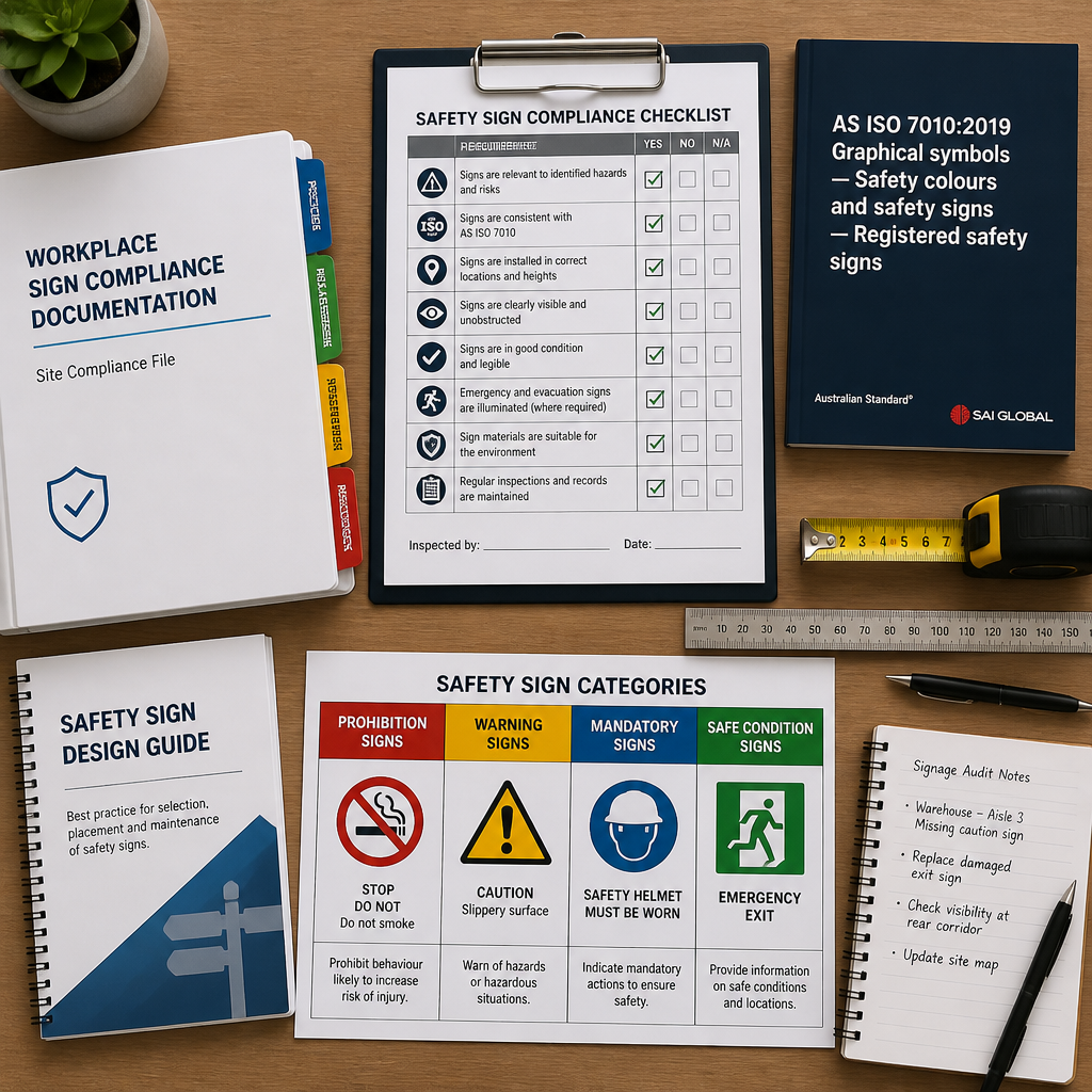 Compliance and safety standards documentation with reference materials for sign placement